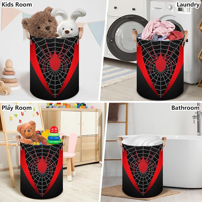 Black Spider Web Large Laundry Hamper Basket, Round Collapsible Storage Organizer Bin for Kids, Boys, Nursery, Closet, Bedroom, Playroom, Toys, Dirty Clothes, 16" W x 20" H - Image 5