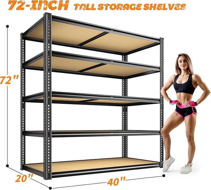 ROOMFAVE 2300LBS Storage Shelves Heavy Duty 5 Tier Garage Storage Shelving, Adjustable Metal Shelving Unit Utility Rack Shelf for Warehouse, Pantry, Closet, 72" H x 40" W x 20" D, Black,2PCS - Image 3