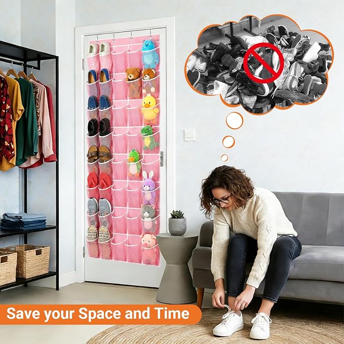 40-Pocket Over the Door Shoe Organizer - Large Mesh Pocket Hanging Shoe Organizer,Behind the Door Shoes Storage Holder Hanger (Pink-W) - Image 6