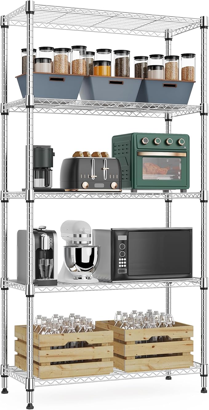 M MZG 1250 lbs 5 Tier Shelf Metal Storage Shelves Wire Rack Closet Organizers with Wheel for Garage Kitchen Bathroom Laundry Chrome 13.7" D x 23.6" W x 62.4" H by MEIGAOPLASTICANDMETALHKCOLIMITED