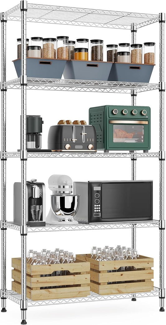M MZG 1250 lbs 5 Tier Shelf Metal Storage Shelves Wire Rack Closet Organizers with Wheel for Garage Kitchen Bathroom Laundry Chrome 13.7" D x 23.6" W x 62.4" H by MEIGAOPLASTICANDMETALHKCOLIMITED