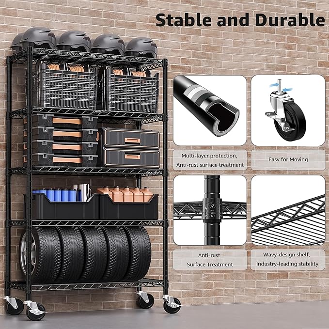 M MZG 5-Shelf Storage Shelves,Wire Shelving Heavy Duty Metal Storage Shelving Unit Adjustable Garage Shelving Rack Pantry Kitchen (Black, 5 Tier,17.7" D x 47.2" W x 76.7" H) - Image 5