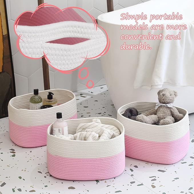 ECDYQXVU Cotton Rope Shelf Storage Basket, 15x10x9 in, Shelf Storage Baskets for Clothes, Towels, Books, Laundry (White/ Pink, 1 Pack) - Image 2