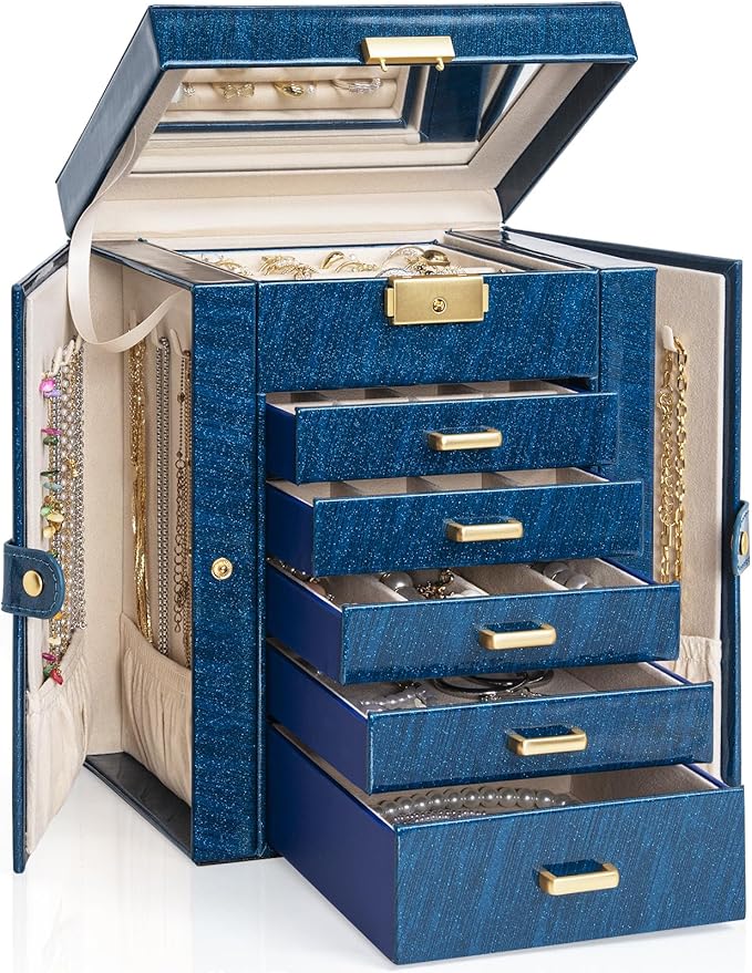 AKOZLIN 6-Tier Jewelry Box Lockable Leather Jewelry Storage Case with 5 Drawers for Women Girls Ring Necklace Earring Bracelet Holder Organizer with Mirror Blue by AKOZLIN