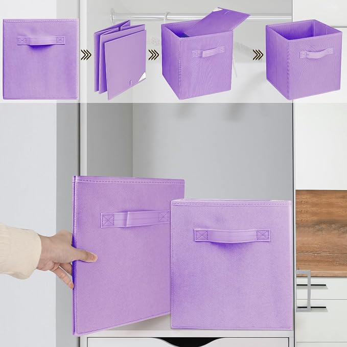 3 Pcs Storage Cubes, 10.5 Inch Collapsible Storage Bins, Fabric Foldable Bins for Organization, Durable Storage Bins for Closet, Shelves, Offices (Light Purple) - Image 6