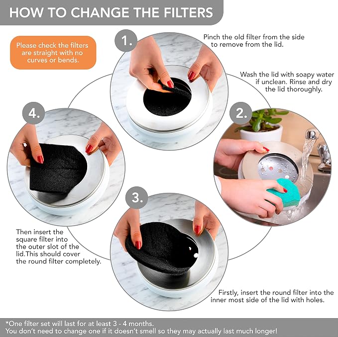 RED FACTOR Premium Compost Bin for Kitchen Countertop - Stainless Steel Food Waste Bucket with Innovative Dual Filter Technology - Includes Spare Filters (White, 1.3 Gallon) - Image 7