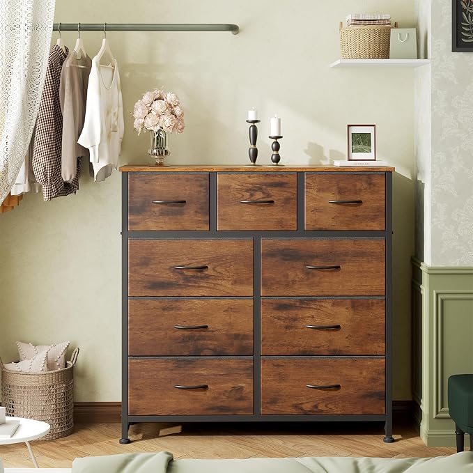 OLIXIS Dresser for Bedroom, 9 Storage Drawers, Wide Fabric Closet Chests Organizer Tower Furniture, TV Stand with Wooden Top Metal Frame for Clothes, Living Room, Hallway, Entryway, Rustic Brown - Image 2