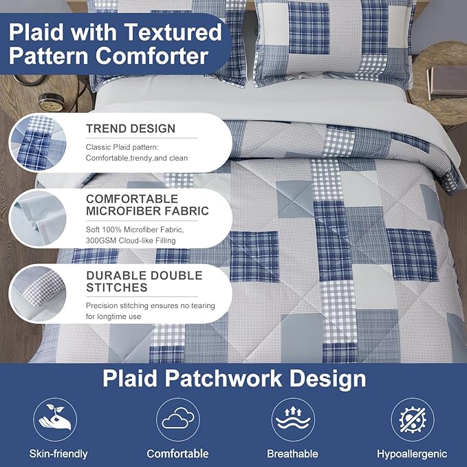 Comforter Set King Size Plaid Patchwork Comforter Bedding-7 Piece Bed in a Bag,Soft Fluffy Reversible Microfiber Bedding Set(1 Comforter,1 Flat Sheet,1 Fitted Sheet,2 Pillowcases,2 Pillow Shams),Blue