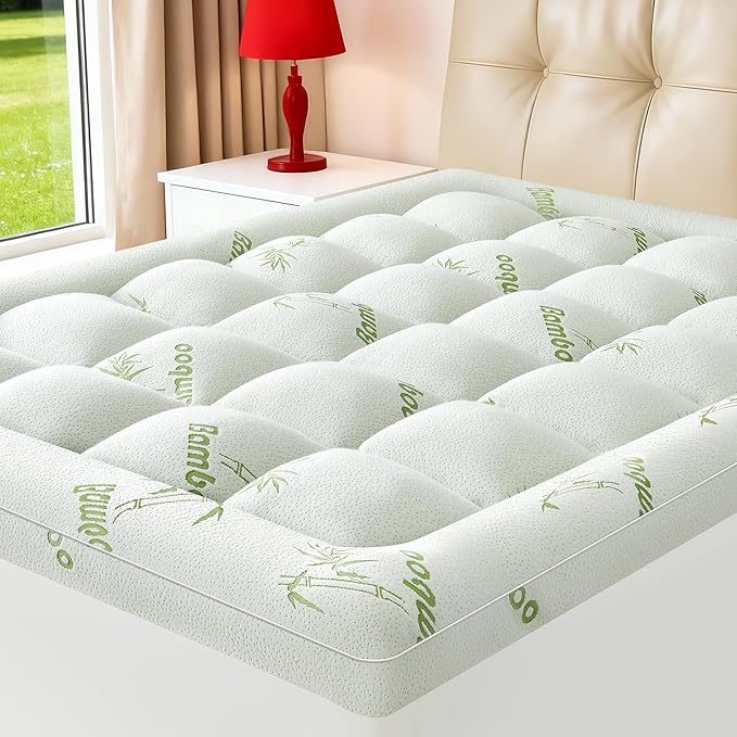 Mattress Topper Viscose Derived from Bamboo Twin XL Size, Soft Thick Pillow Top Mattress Pad Cover for Back Pain, Cooling Mattress Protector with 8-21 Inch Deep Pocket, White & Green
