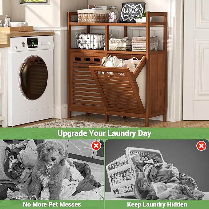 Homykic Tilt Out Laundry Hamper Cabinet, Bamboo Double Laundry Hamper with 2 Removable Laundry Baskets, 20 Gal Laundry Sorter Organizer with Shelf for Dirty Clothes, Bathroom, Laundry Room, Walnut - Image 5
