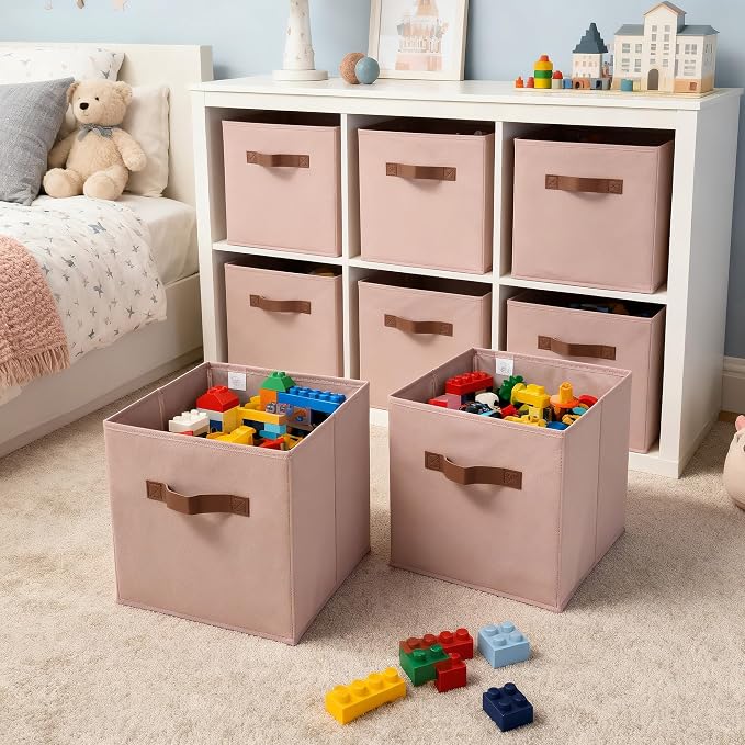 GRANNY SAYS Cube Storage Bins, 11 Inch Cube Storage Organizer, Fabric Storage Bins with PU Handle, Clothing Storage Baskets for Shelves, Closet, Dusty Pink, 6-Pack - Image 2