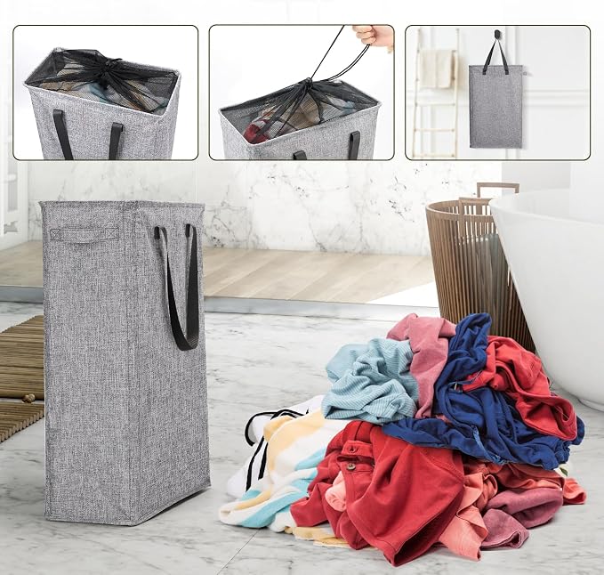 Odonata Slim Laundry Hamper Handles Collapsible Laundry Basket Thin Dirty Clothes Basket Narrow Laundry Bag Foldable Dirty Hamper 45L (Heather Grey) - Image 7