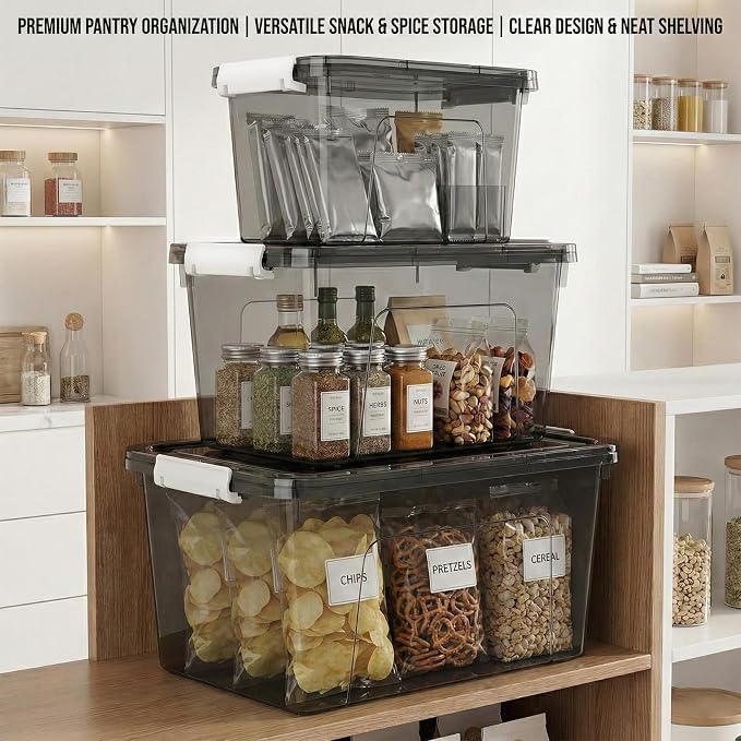 Plastic Storage Bins with Lids, 3 Pack Mixed Sizes (22 Qt, 16 Qt, 7 Qt) Clear Black Stackable Organizer Boxes with Latches for Closet, Pantry, Garage, Bathroom, Office - Image 5