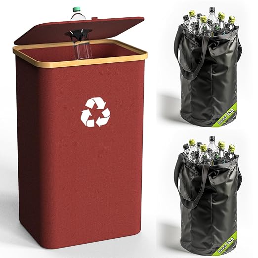 Recycling Bin for Kitchen Indoor Home, Large 100L/ 26 Gallon Recycle Bin with Lid Removeable Reusable Inner Bag Bottle Can Glass Waste Plastice Stickers (Red, 26 Gallon) by Pakusane