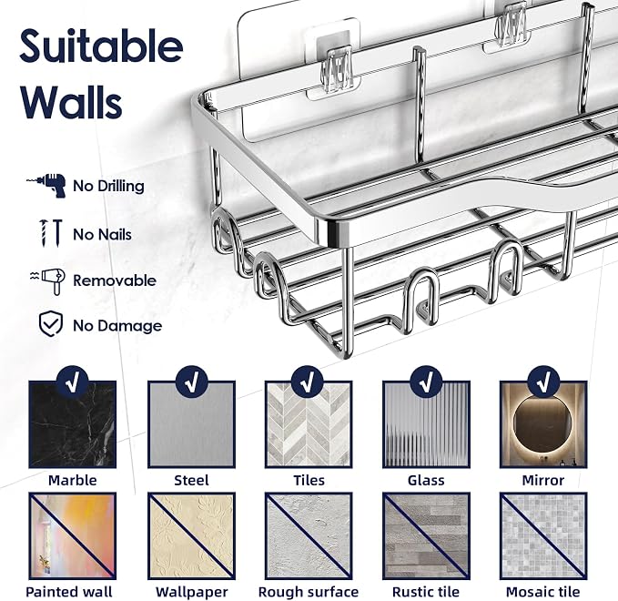 NESOMI Shower Caddy Adhesive Shower Organizer 7-Pack, Rustproof Stainless Steel Bathroom Shelves, Large Capacity No-Drill Rack Storage Accessories with Soap Dish Toothbrush Holder Hooks - Image 9