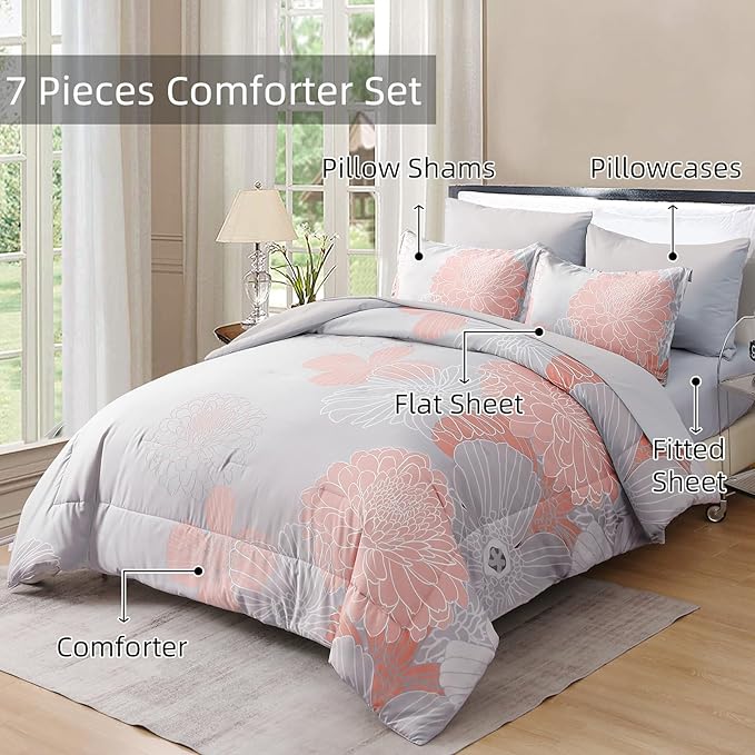 Yiran 7 Pieces Blush Grey Comforter Set Floral Bed in a Bag Soft Microfiber Comforter Bedding Set Queen Size 90"×90"(1 Comforter,2 Pillowcases,2 Pillow Shams,1 Flat Sheet,1 Fitted Sheet)