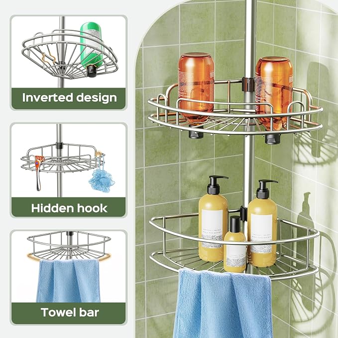 HAMITOR Corner Shower Caddy Tension Pole: 4-Tier Rust-Resistant Adjustable Bathroom Organizer Shelves - 47-121 Inch No-Drill Quick Installation - Space-Saving Storage for Renters Family - Silver Gray - Image 5