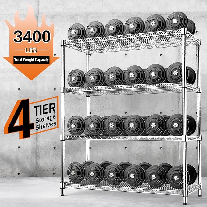 IZEUK 3400 LBS Garage Shelving Wide Storage Shelves 4 Tier Metal Shelves Heavy Duty Adjustable Utility Shelf Rack Chrome 17.7" D x 59.1" W x 70.4" H - Image 4