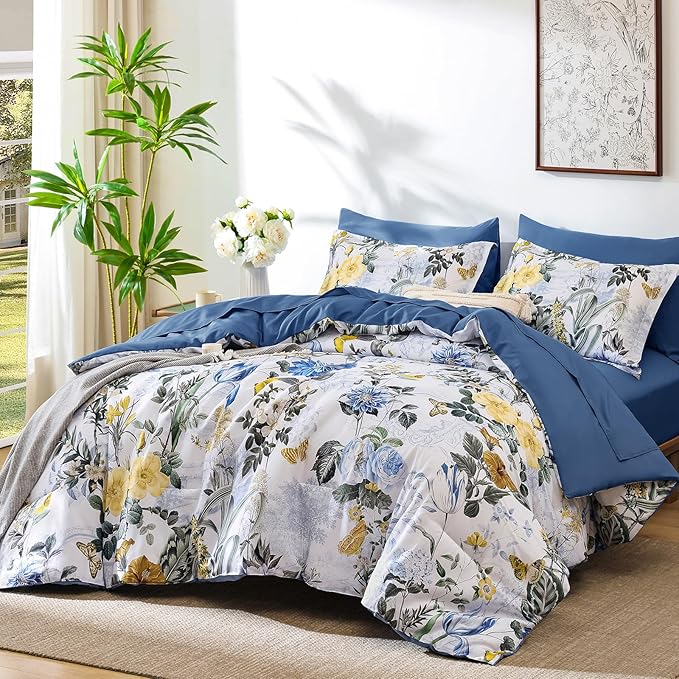 WONGS BEDDING Blue Comforter Set Queen, 7 Pieces Bed in a Bag Botanical Floral Comforter Bedding Set, Soft Microfiber Comforter with Flat Sheet, Fitted Sheet, Pillow Shams, Pillowcases