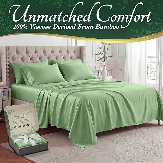 DECOLURE 100% Viscose Derived from Bamboo Sheets Full Size - Luxury 6 Pc Naturally Cooling Sheets, Ultra Soft Bed Set - Deep 17" Pockets, Durable Double Stitching, Oeko Tex Standard (Sage Green)