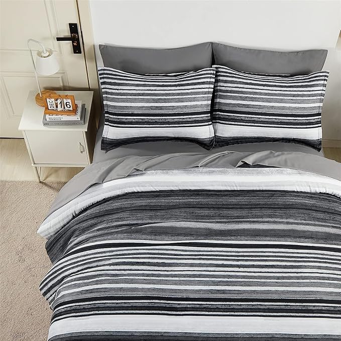 KAKIJUMN 5 Piece Bed in a Bag Stripe Comforter Set Twin Size, White Grey Black Patchwork Striped Comforter and Sheet Set, All Season Soft Microfiber Complete Bedding Sets(Grey,Twin)