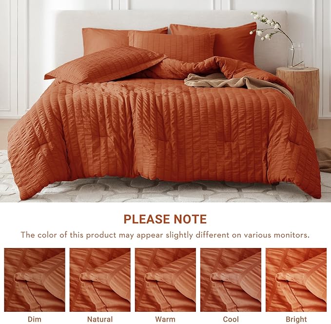MUXHOMO 5 Pieces Twin XL Comforter Set, Seersucker Bed in a Bag Twin XL Size, All Season Luxury Bedding Set with Comforter, Flat Sheet, Fitted Sheet, Pillowcase & Sham, Burnt Orange