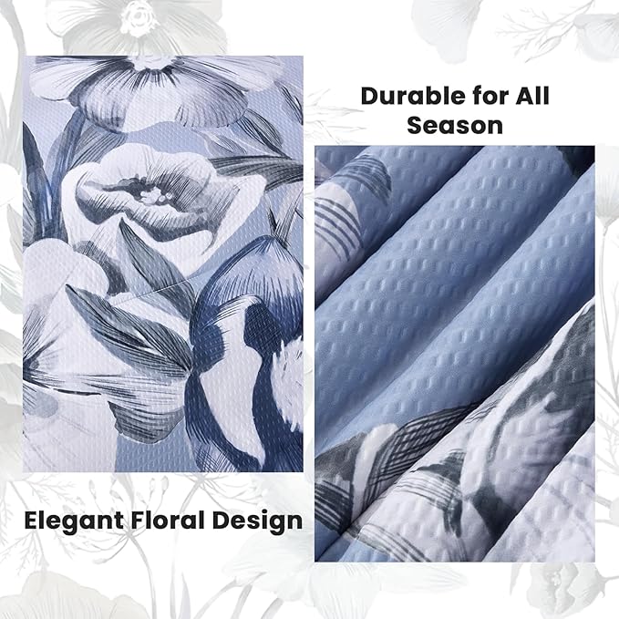 Luxudecor Floral Comforter Set Queen Size 7 Piece, Blue Flower Bed in a Bag, Elegant Gradient Floral Comforter with Sheet Set, Soft Seersucker Microfiber Bedding Set for All Season (Blue, 90"x90")
