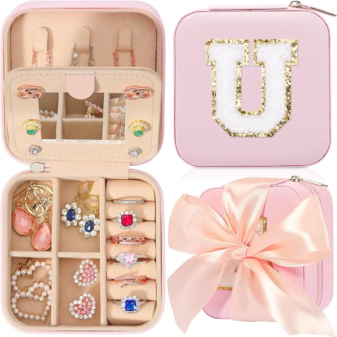 CHMI Travel Jewelry Case, Pink Travel Jewelry Box, Travel Jewelry Organizer, Travel Gifts for Women Girls, Jewelry Organizer Box, Birthday Gifts for Women, Christmas Gifts for Teens Girls - Initial U by CHMI