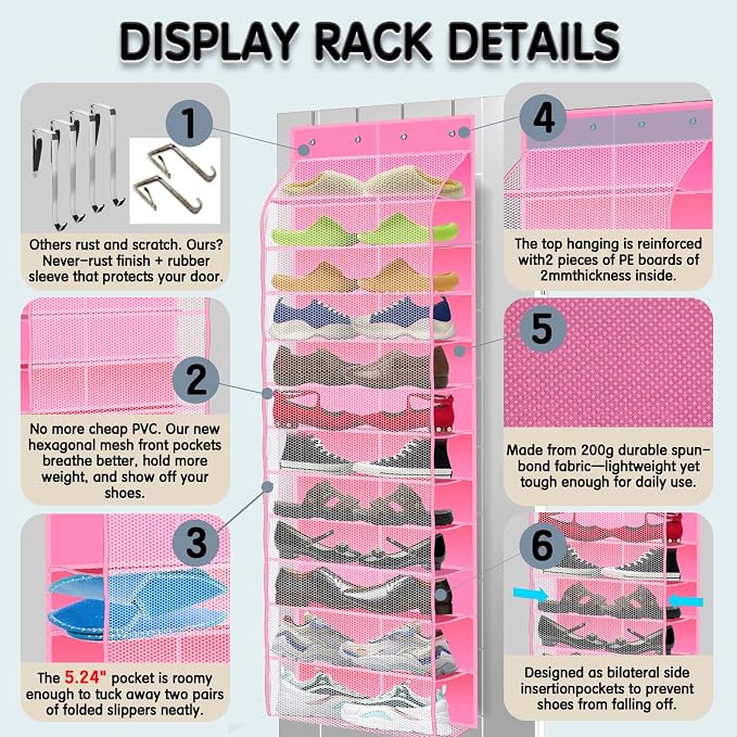 Kotkn Over The Door Shoe Organizer with 12 Large Breathable Pockets - Durable Hanging Storage for the Entire Family's Shoes (Pink) - Image 3