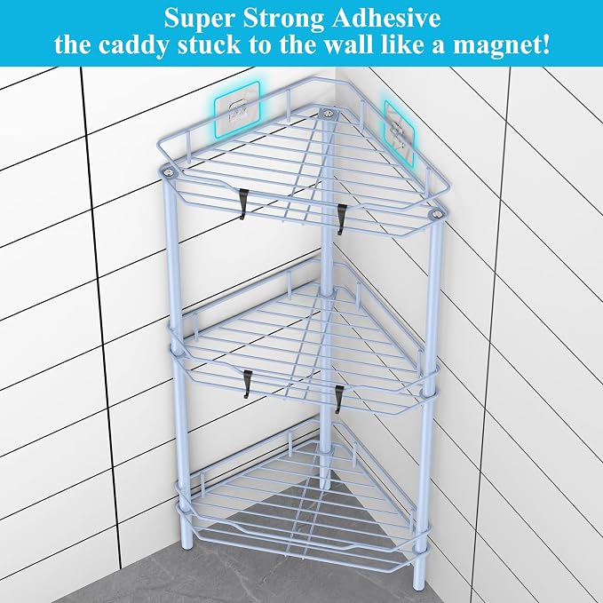 HuggieGems 3 Tier Floor Standing Corner Shower Caddy Organizer Shelf with Hooks, Bathroom Shelves Stand Rack, Blue - Image 2