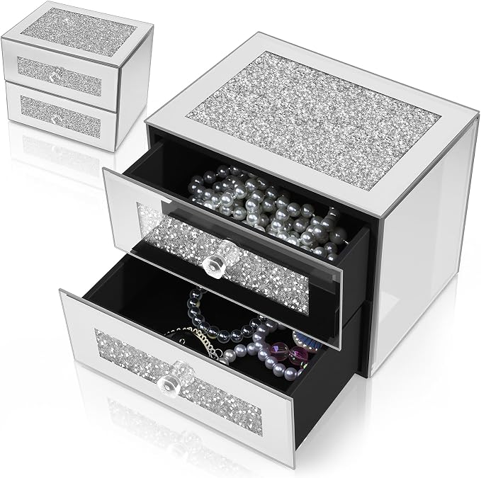 Kenning Silver Jewelry Box 2 Layer Glass Box for Women Mother's Day Crystal Jewelry Organizer Storage Luxury Necklaces Earrings Rings Bracelets Organizer for Mom Gift Decoration by Kenning