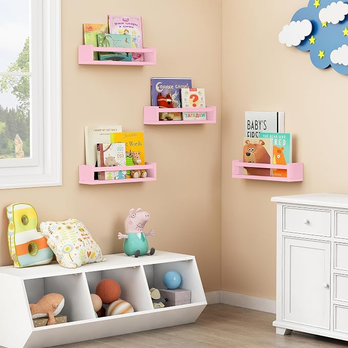 Forbena Pink Floating Shelves for Wall, Aesthetic Wall Bookshelf for Girls Room Decor, Wood Nursery Bookshelves for Toddler Kids Bedroom Book and Toy Storage Organizer (Set of 4, Pink) - Image 3