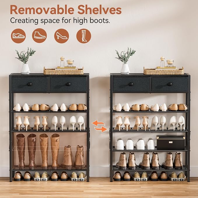 Shoe Rack for Entryway, 5 Tier Shoe Organizer with 2 Non-Woven Drawers, Metal Storage Shoe Shelf for 16-20 Pairs of Shoes, with Wooden Top and Steel Frame, Shoe Stand for Closet Black Grey - Image 7