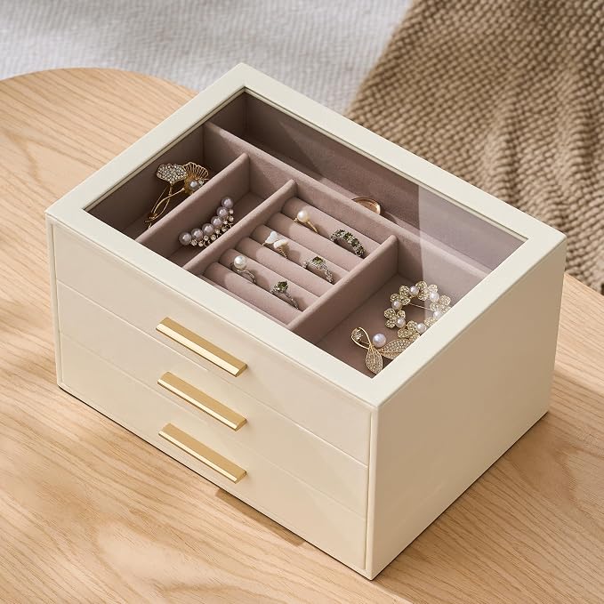 pickpiff Jewelry Box Organizer Case for Women: 3-Layer Jewelry Storage Case with Glass Window, Ivory Leather with Pink Velvet, Holder for Ring Necklace Bracelet Brooch Watch, Great Gift for Her - Image 3