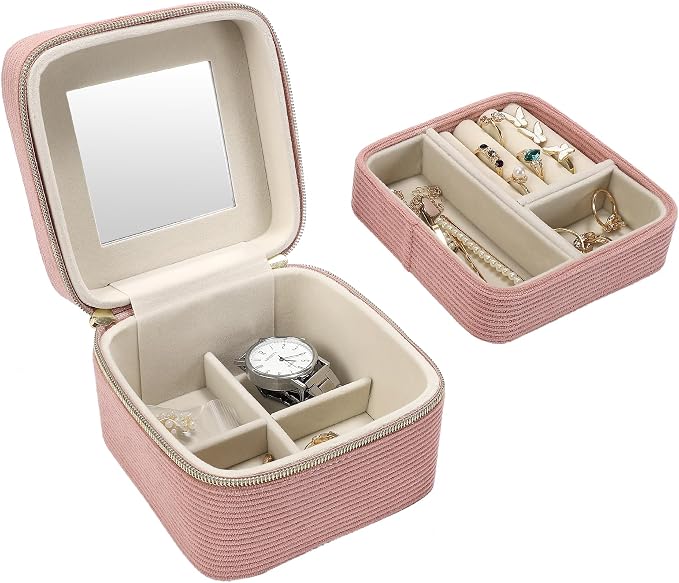 Travel Jewelry Case with Mirror – Small 2-Layer Jewelry Box for Women, Rings and Earrings Necklaces Velvet Organizer Mothers Day Mom Girls Birthday Gifts (Pink) by Unknown