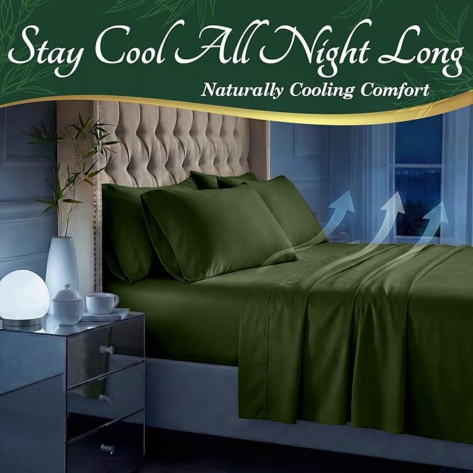DECOLURE 100% Viscose Derived from Bamboo Sheets Queen Size - Luxury 6 Pc Naturally Cooling Sheets, Ultra Soft Bed Set - Deep 17" Pockets, Durable Double Stitching, Oeko Tex Standard (Olive)