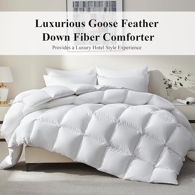 Ubauba Goose Feather Down Fiber Comforter Queen Size - All Season White Fluffy Duvet Insert - 750+ Fill Power Luxurious Hotel Bedding Comforter - Soft 100% Cotton Cover, Medium Warmth (90x90 Inch)