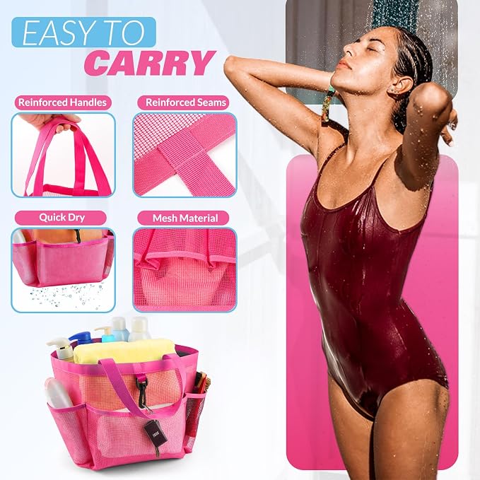 LOYEE Mesh Shower Caddy Portable for College Dorm Room Essentials with 8 Pockets, Shower Bag for Beach, Swimming, Gym, Travel, Bathroom(All rose pink) - Image 4
