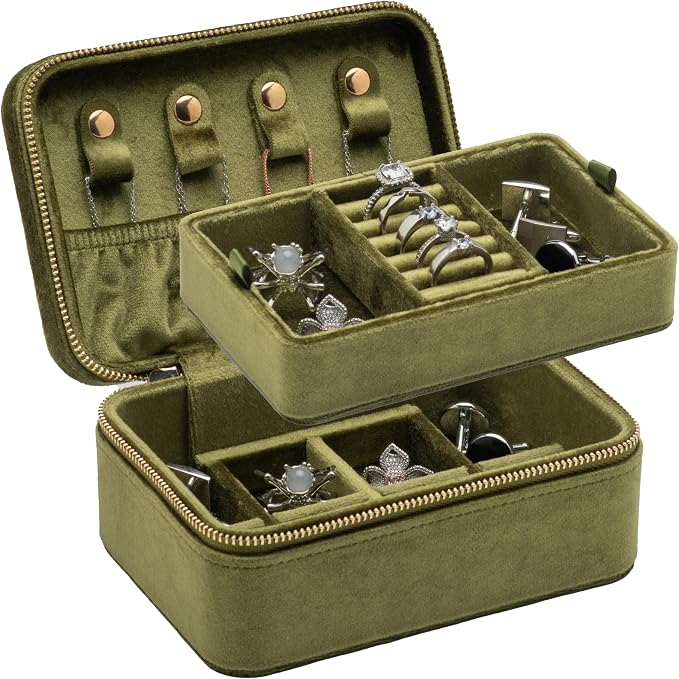 Velvet Travel Jewelry Organizer Box with Zipper Around Portable Accessory Display Tray Holder Storage Case for Multiple Earrings Rings Necklaces Bracelets (Olive Green) by COWFEX