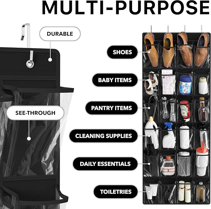 Simple Houseware 24 Pockets Large Clear Pockets Over The Door Hanging Shoe Organizer, Black (56" x 22.5") - Image 4