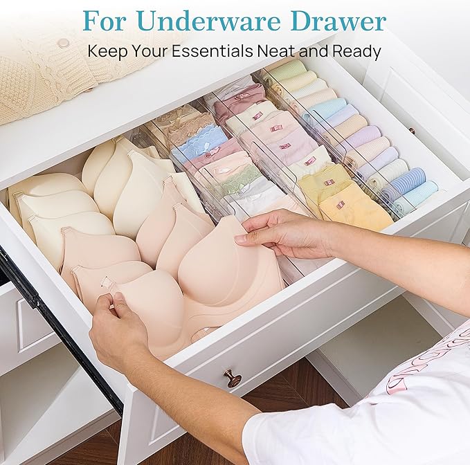 Vtopmart 8 Pack Drawer Dividers for Clothes, 4" High 13"-22" Adjustable Expandable Dresser Drawer Organizer, Clear Plastic Separators for Dresser, Baby Clothing, Underwear, Cosmetic, Toiletries - Image 5