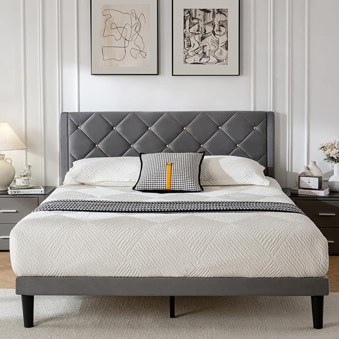 Queen Bed Frame with Headboard, Bed Frame Queen Size with Sturdy Wooden Slats Support, Platform Frame with Velvet Upholstered Headboard, Mattress Foundation, Easy Assembly, No Box Spring Needed Grey