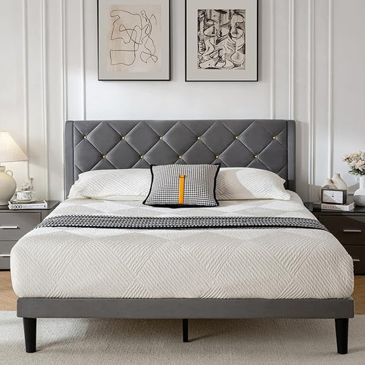 Queen Bed Frame with Headboard, Bed Frame Queen Size with Sturdy Wooden Slats Support, Platform Frame with Velvet Upholstered Headboard, Mattress Foundation, Easy Assembly, No Box Spring Needed Grey