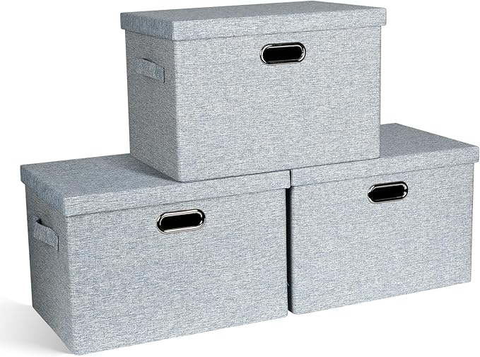 Graciadeco Large 17" 36 Quart Collapsible Stackable Storage Bins with Lids, 3 Packs Blue-Grey Linen Fabric Closet Boxes with Lids, Storage Cube Baskets Container Organizers for Bedroom (17x12x11) by GraciadecoStorage