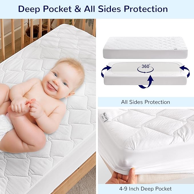 SLEEP ZONE Waterproof Crib Mattress Protector 1 Pack, Elastic Fitted Twin Mattress Pad Ultra Soft and Breathable, Machine Washable Mattress Cover for Standard Baby Crib Size 52''x28'', Pure White