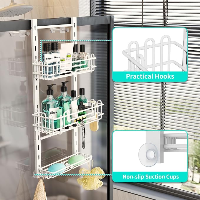 HapiRm 3 Tier Over the Door Shower Caddy, Hanging Shower Caddy with 16 Hooks and 2 Soap Holders, No Drilling Adjustable Hanging Bathroom Organizer - White - Image 5