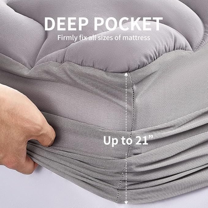 SLEEP ZONE Twin XL Mattress Pad Dorm Bedding Cooling Topper for College, Quilted Fitted Cover Washable, Soft Fluffy Down Alternative Mattress Protector, Deep Pocket 8~21 inch (Grey, Twin XL)