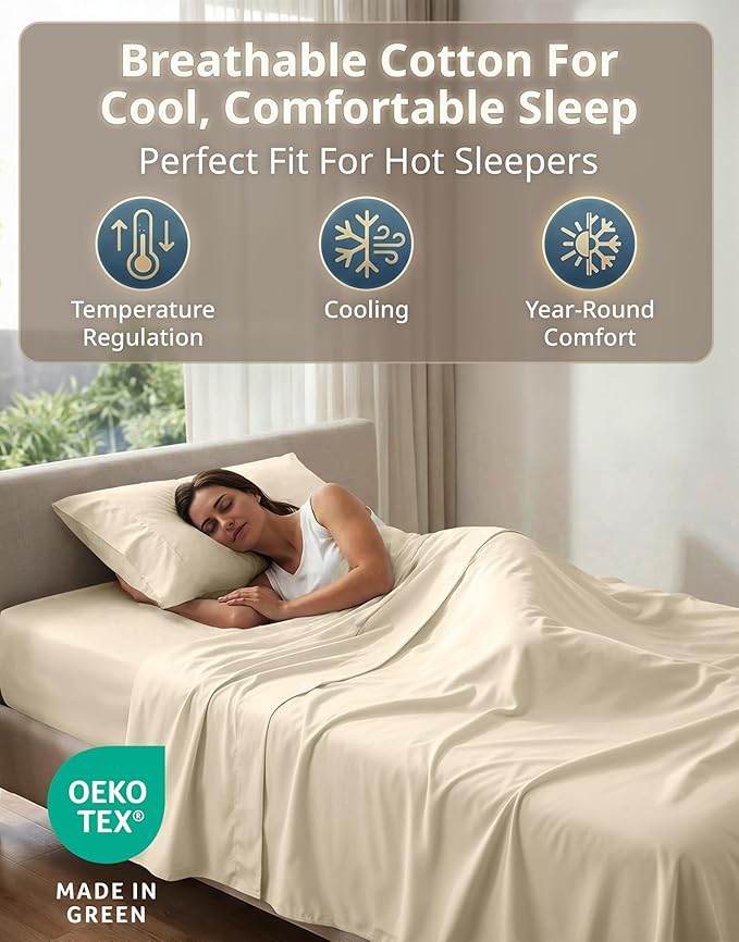 LANE LINEN Twin XL Sheets Set - 600 Thread Count Sateen Weave for Hotel Quality Luxury - Breathable & Very Easy to Care Cotton Sheets Set for College Dorms - Oeko Tex Certified - Ivory