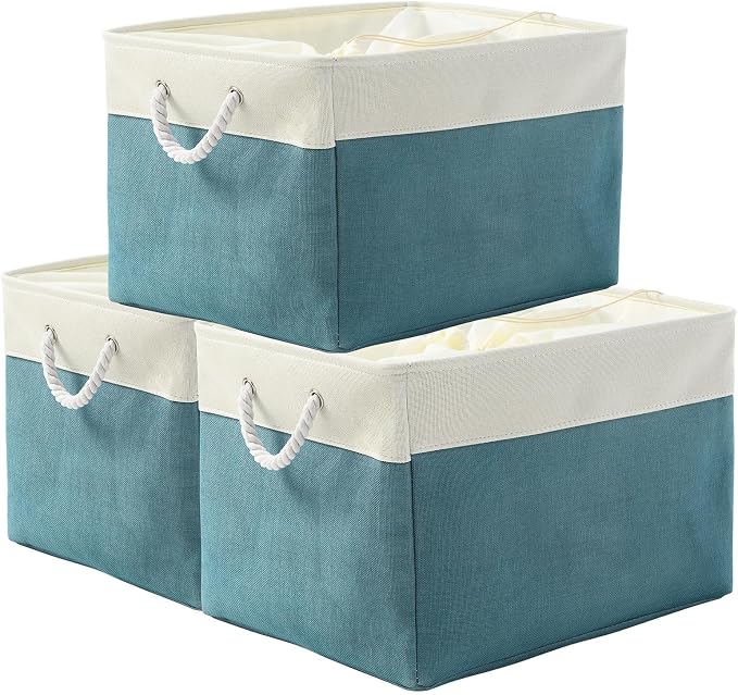 TheWarmHome Storage Bin for Shelves - Extra Jumbo 3 Pack 20.5L×15.7W×13.8H Storage Basket for Organizing, Fabrin Storage cubes with Drawstring Cover for Living Room Bedroom Decor Closet（White & Green by TheWarmHome