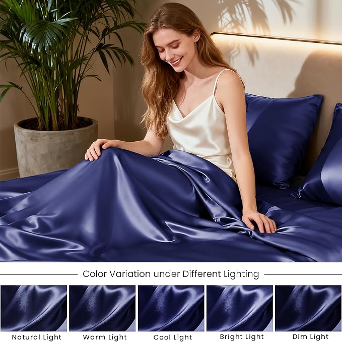 Love's cabin California King Satin Sheet Sets - 4 Piece Navy Blue Silky Sheets Bed Set with Deep Pocket, Luxury Silk Feel Satin Cal King Sheet Set (1 Flat Sheet,1 Fitted Sheet,2 Pillow Cases)